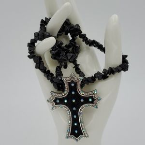 BHW Cross Pendant, Black Chip Necklace